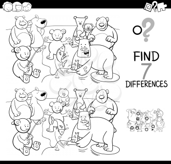 Black and White Cartoon Illustration of Finding Seven Differences Between Pictures Educational Activity Game for Kids with Bears Animal Characters Group Coloring Book