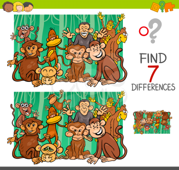 Cartoon Illustration of Finding Seven Differences Between Pictures Educational Activity Game for Kids with Monkeys Animal Characters Group