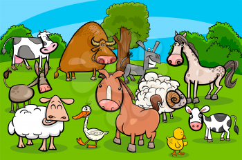 Cartoon Illustration of Cute Farm Animal Characters Group