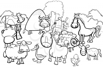 Black and White Cartoon Illustration of Cute Farm Animal Characters Group Coloring Book