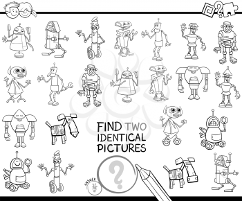Black and White Cartoon Illustration of Finding Two Identical Pictures Educational Activity Game for Children with Robot Fantasy Characters Coloring Book