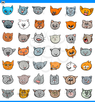 Cartoon Illustration of Cats and Kittens Heads Large Set