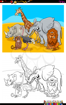 Cartoon Illustration of Funny Safari Animal Characters Group Coloring Book Activity
