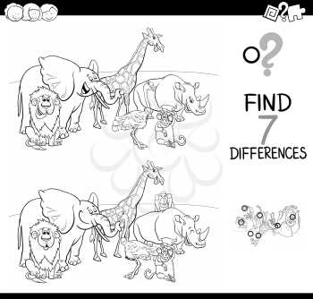 Black and White Cartoon Illustration of Finding Seven Differences Between Pictures Educational Activity Game for Kids with African Animal Characters Group Coloring Book