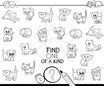 Black and White Cartoon Illustration of Find One of a Kind Picture Educational Activity Game for Children with Cats Animal Characters Coloring Book