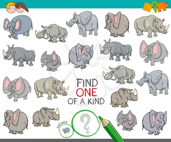 Cartoon Illustration of Find One of a Kind Picture Educational Activity Game for Children with Elephant and Rhino Characters