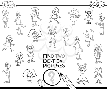 Black and White Cartoon Illustration of Finding Two Identical Pictures Educational Game for Kids with Children Characters Coloring Book
