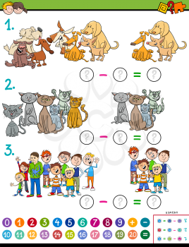 Cartoon Illustration of Educational Mathematical Subtraction Puzzle Game for Preschool and Elementary Age Children with Kids and Animal Characters