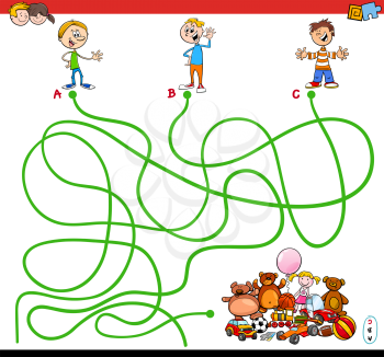 Cartoon Illustration of Paths or Maze Puzzle Activity Game with Kid Boys and Toys