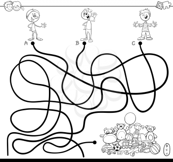 Black and White Cartoon Illustration of Paths or Maze Puzzle Activity Game with Kid Boys and Toys Coloring Book