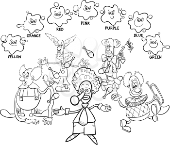 Black and White Cartoon Illustration of Basic Colors Educational Page for Children with Clowns Circus Characters Coloring Book