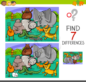 Cartoon Illustration of Searching Differences Between Pictures Educational Activity Game for Children with Animal Characters Group