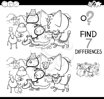 Black and White Cartoon Illustration of Searching Differences Between Pictures Educational Activity Game for Children with Animal Characters Group Coloring Book