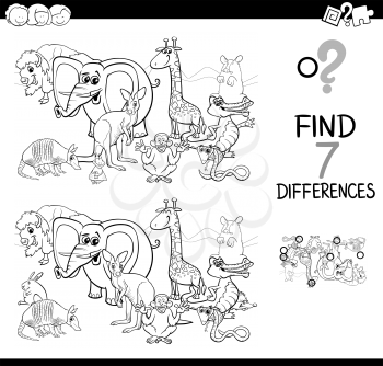 Black and White Cartoon Illustration of Searching Differences Between Pictures Educational Activity Game for Children with Wild Animal Characters Group Coloring Book