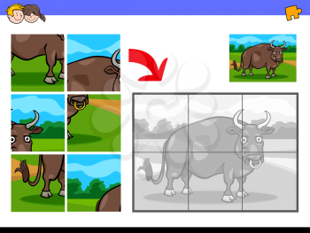 Cartoon Illustration of Educational Jigsaw Puzzle Activity Game for Children with Bull Farm Animal Character