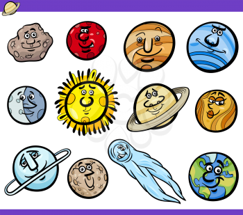 Cartoon Illustration of Funny Orbs and Planets from Solar System Space Comic Characters