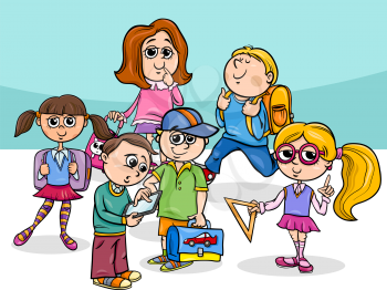 Cartoon Illustration of Elementary School Students or Pupils Characters Group