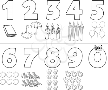 Black and White Cartoon Illustration of Numbers Set from One to Nine with Objects Coloring Book