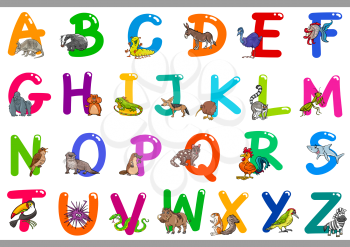 Cartoon Illustration of Colorful Alphabet Letters Set from A to Z with Happy Animals