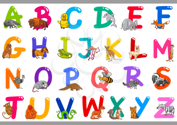 Cartoon Illustration of Colorful Alphabet Letters Set from A to Z with Happy Animal Characters