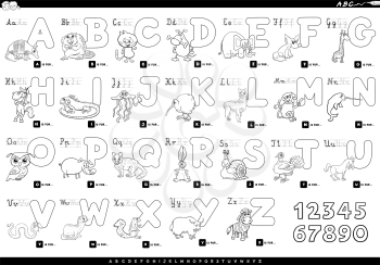 Black and White Cartoon Illustration of Capital Letters Alphabet Set with Animal Characters for Reading and Writing Education for Children Coloring Book