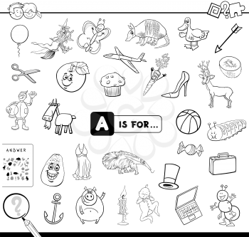 Black and White Cartoon Illustration of Finding Picture Starting with Letter A Educational Game Workbook for Children Coloring Book