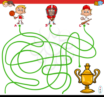 Cartoon Illustration of Paths or Maze Puzzle Activity Game with Kid Boy and Sports