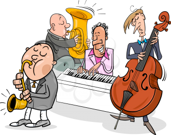 Cartoon Illustration of Jazz Musicians Band Playing a Concert