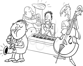 Black and White Cartoon Illustration of Jazz Musicians Band Playing a Concert Coloring  Book