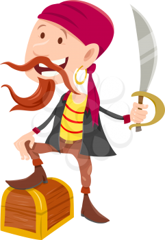 Cartoon Illustration of Funny Pirate Fantasy Character with Treasure Chest and Saber