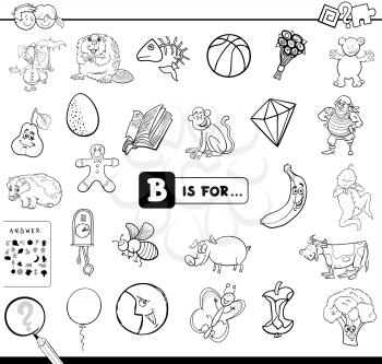 Black and White Cartoon Illustration of Finding Picture Starting with Letter B Educational Game Workbook for Children Coloring Book