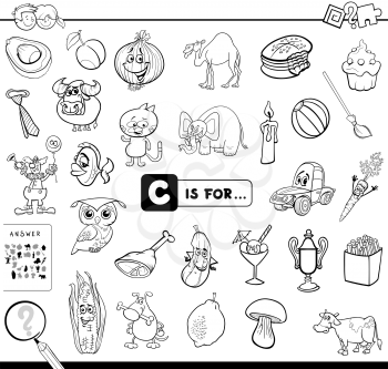 Black and White Cartoon Illustration of Finding Picture Starting with Letter C Educational Game Workbook for Children Coloring Book