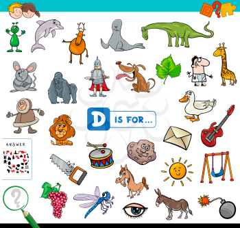 Cartoon Illustration of Finding Picture Starting with Letter D Educational Game Workbook for Children