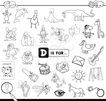 Black and White Cartoon Illustration of Finding Picture Starting with Letter D Educational Game Workbook for Children Coloring Book