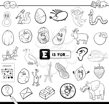 Black and White Cartoon Illustration of Finding Picture Starting with Letter E Educational Game Workbook for Children Coloring Book