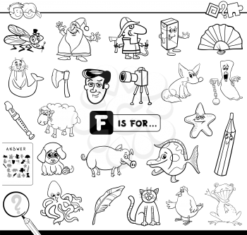 Black and White Cartoon Illustration of Finding Picture Starting with Letter F Educational Game Workbook for Children Coloring Book