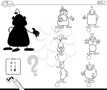 Black and White Cartoon Illustration of Finding the Shadow without Differences Educational Activity for Children with Fantasy Alien Characters Coloring Book