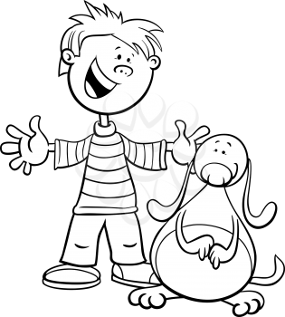 Black and White Cartoon Illustration of Kid Boy with Funny Dog or Puppy Coloring Book