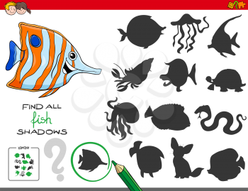 Cartoon Illustration of Finding All Fish Shadows Educational Activity for Children