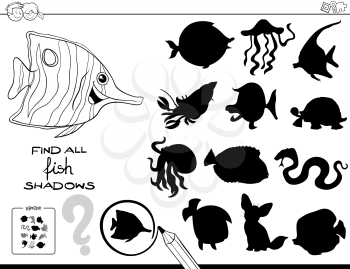 Black and White Cartoon Illustration of Finding All Fish Shadows Educational Activity for Children Coloring Book