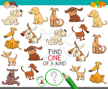 Cartoon Illustration of Find One of a Kind Picture Educational Activity Game for Children with Dogs or Puppies Characters