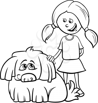 Black and White Cartoon Illustration of Kid Girl with Funny Shaggy Dog Coloring Book
