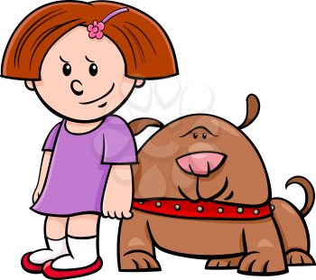 Cartoon Illustration of Cute Girl with Funny Dog