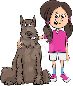 Cartoon Illustration of Kid Girl with Comic Dog