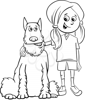 Black and White Cartoon Illustration of Kid Girl with Comic Dog Coloring Book