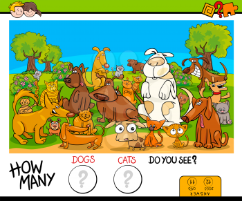 Cartoon Illustration of Educational Counting Game for Children with Cats and Dogs Animal Characters Group in the Park