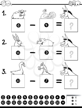 Black and White Cartoon Illustration of Educational Mathematical Subtraction Puzzle Game for Preschool and Elementary Age Children with Funny Farm Animal Characters Coloring Book