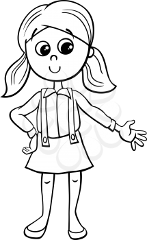 Black and White Cartoon Illustration of Preschool or Elementary Age Girl Character Coloring Book