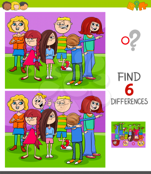 Cartoon Illustration of Finding Six Differences Between Pictures Educational Game for Children with Kids or Teens Group