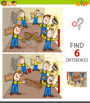 Cartoon Illustration of Finding Six Differences Between Pictures Educational Game for Children with  Workers and Builders at Work